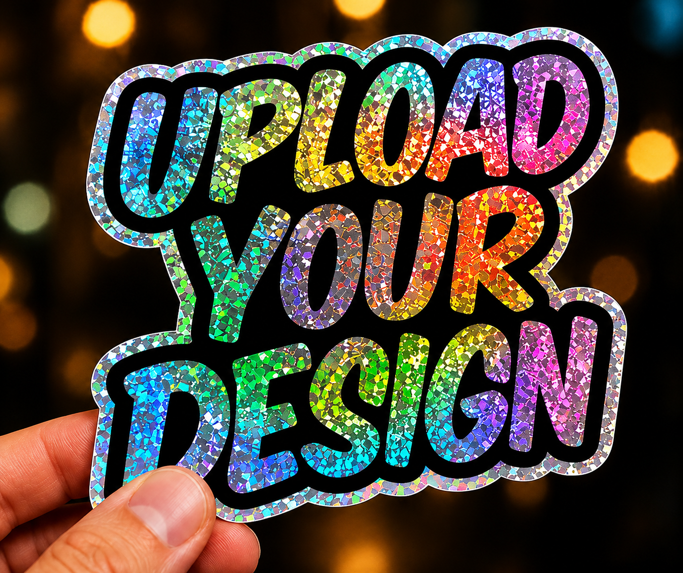 Die cut stickers - turnaround 24-48hrs with colorful holographic text 'UPLOAD YOUR DESIGN'.
