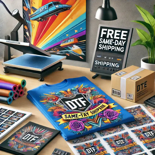 Best Quality DTF Transfers with Free Same-Day Shipping displayed with vibrant designs and shipping details on a workspace.