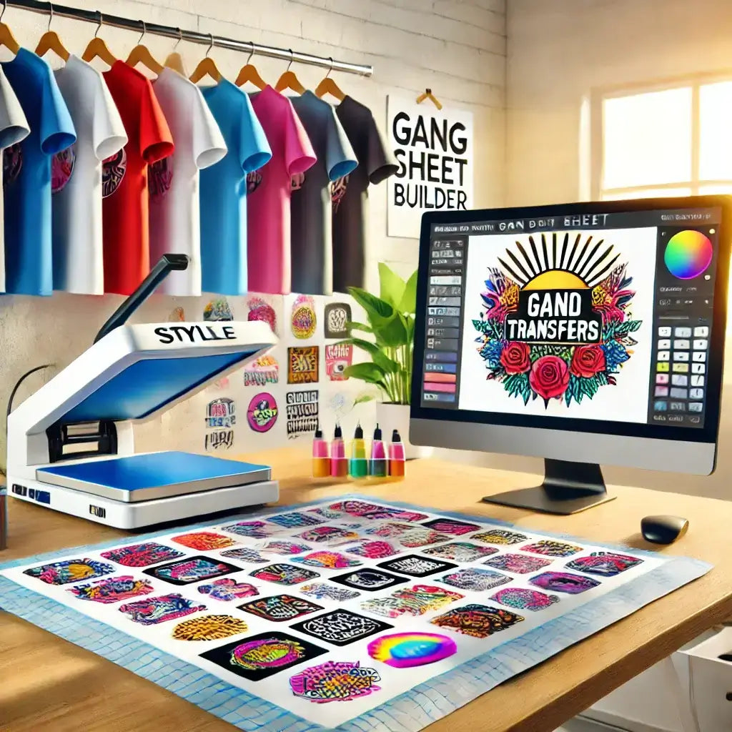 Effortlessly Print Your Perfect Gang Sheet with Style Transfers displayed on computer screen and a printed gang sheet.
