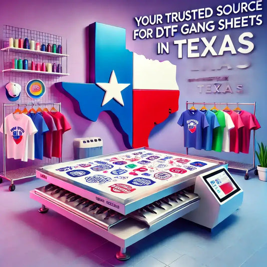 Trusted DTF Gang Sheets Supplier in Texas display with shirts and printing equipment.