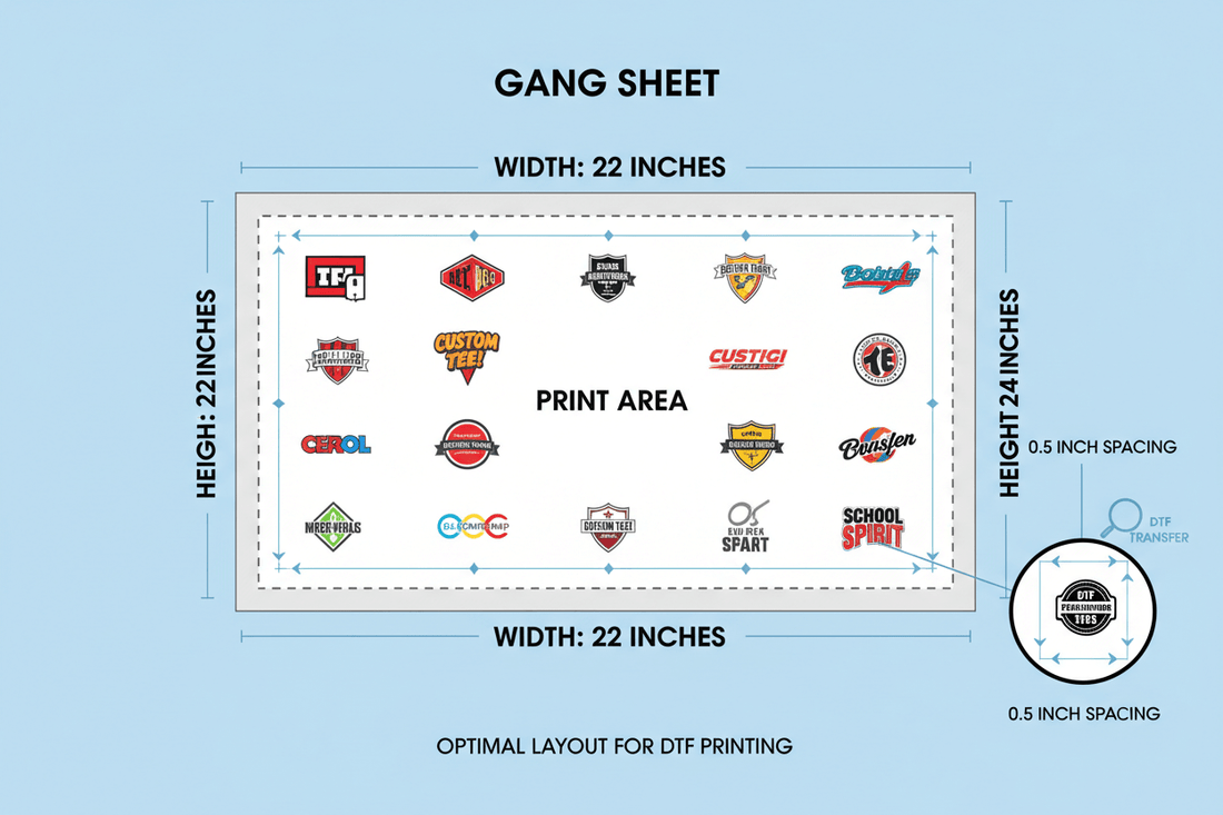 Illustration showing how many designs fit on a standard gang sheet with optimal layout for DTF printing.