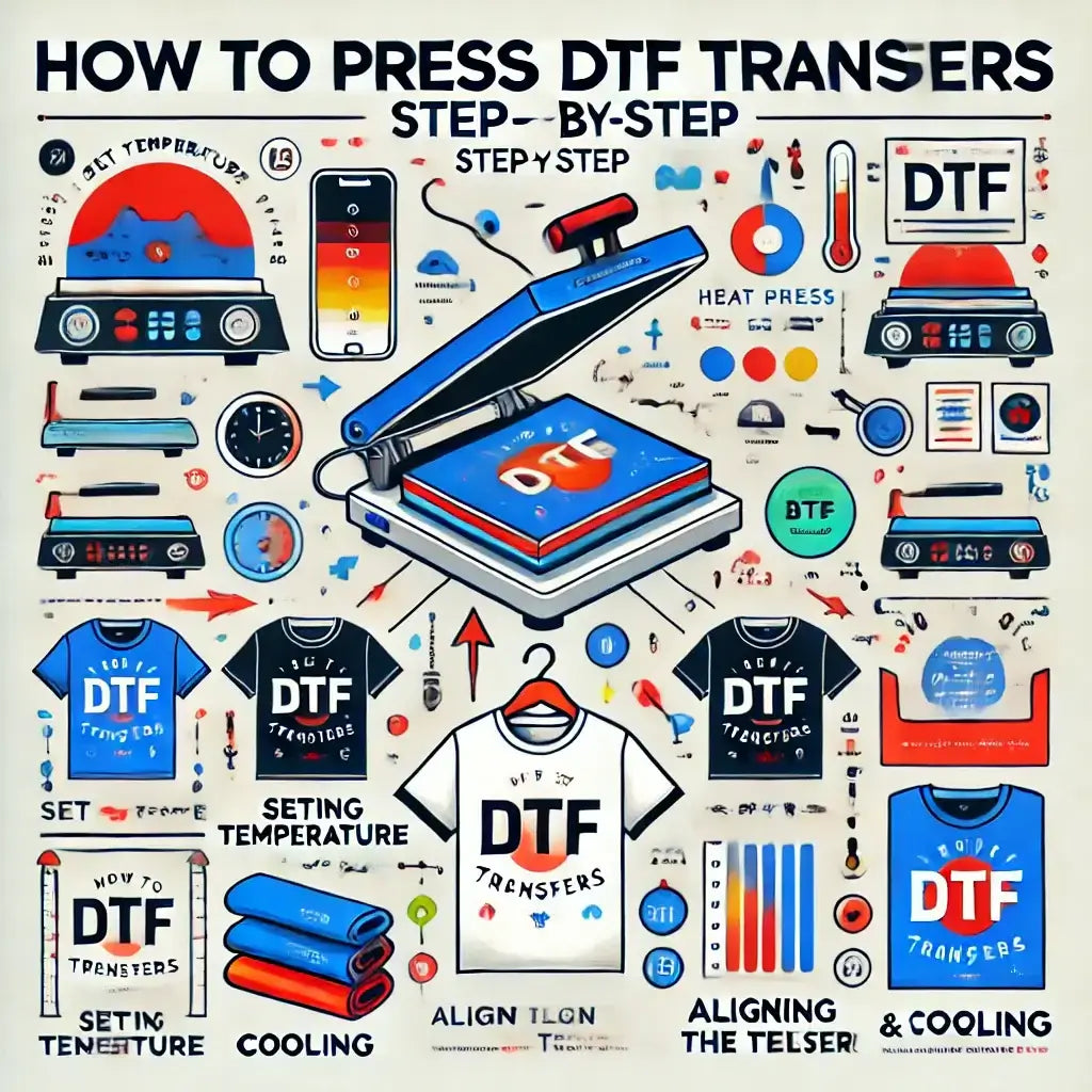 How to Press DTF Transfers step-by-step diagram showing heat press settings and alignment tips.