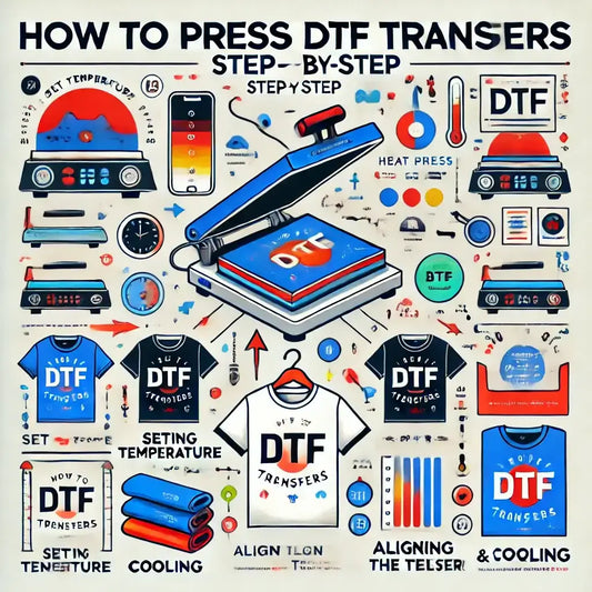 How to Press DTF Transfers step-by-step diagram showing heat press settings and alignment tips.