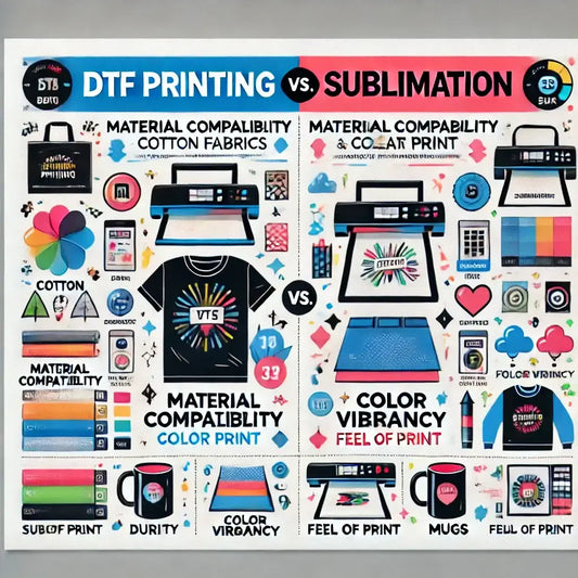 DTF printing vs sublimation comparison chart highlighting material compatibility and color vibrancy.