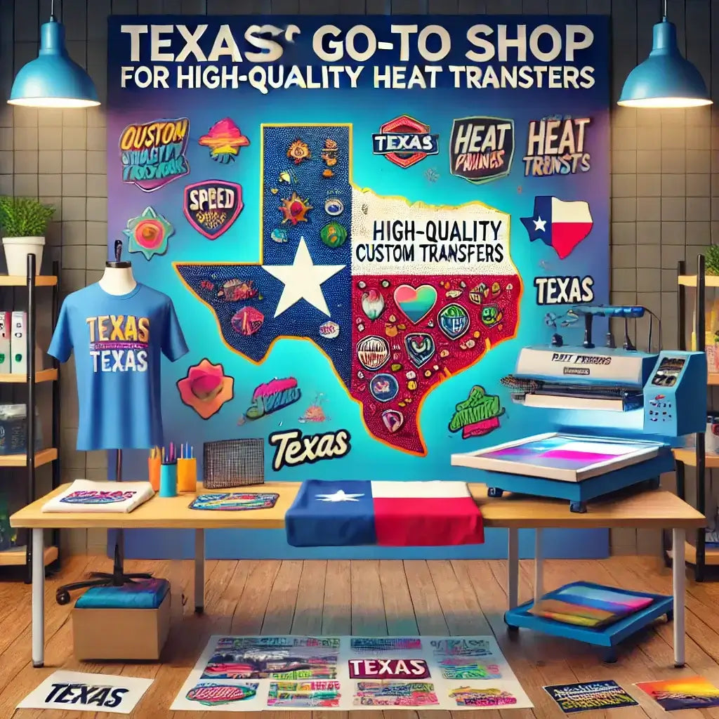 Custom Heat Transfers in Texas displayed on a vibrant mural featuring designs, shirts, and equipment in a Texas shop.