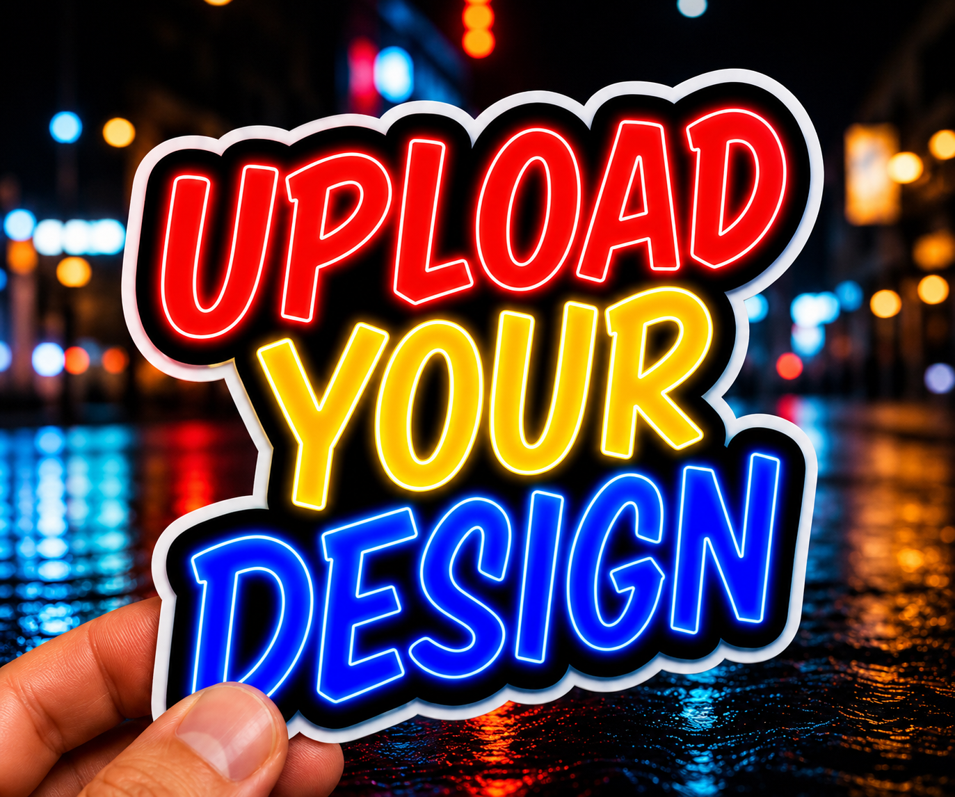 Die Cut Stickers - Turnaround 24-48hrs with vibrant colors showing 'UPLOAD YOUR DESIGN'